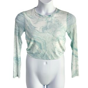 Elodie Blue White Marbled Long Sleeve Open Tie Back Mesh Crop Top Size Large NWT